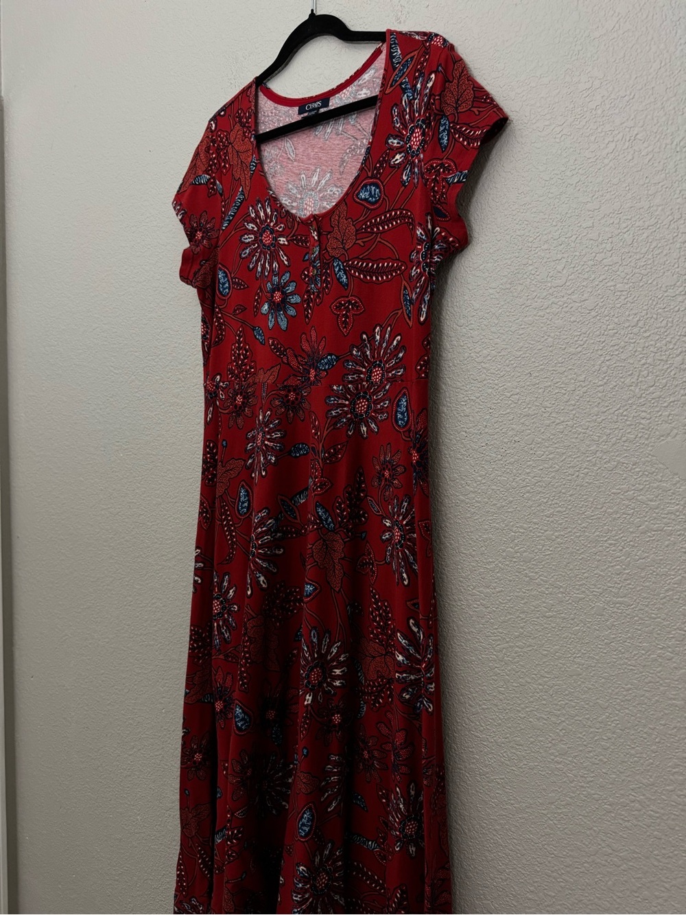 Chaps Red Floral Print Maxi Dress Short Sleeve Cotton XL Boho Western Americana - Picture 6 of 13